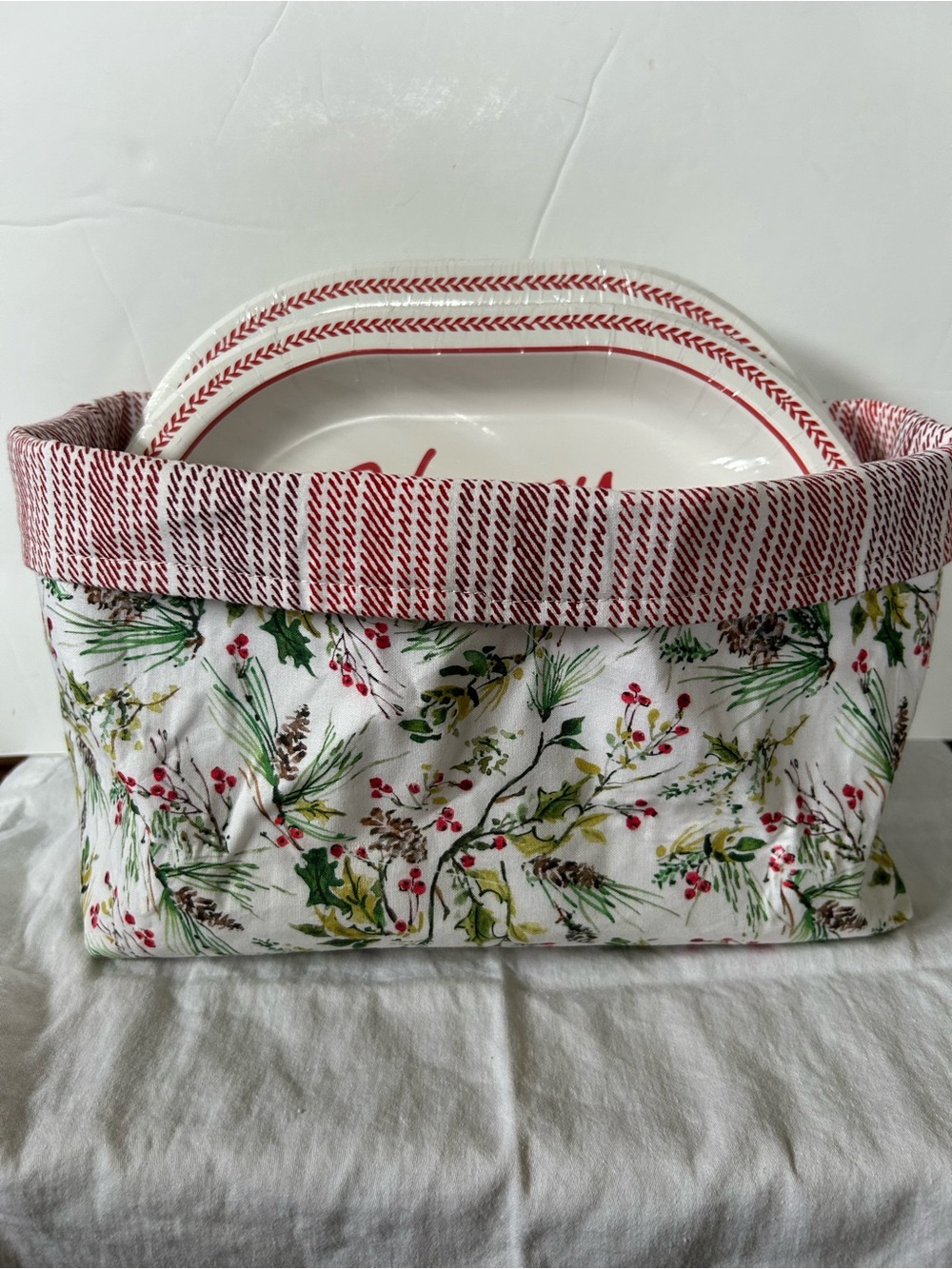 Floral and Striped Fabric Basket with Paper Plates and Napkins